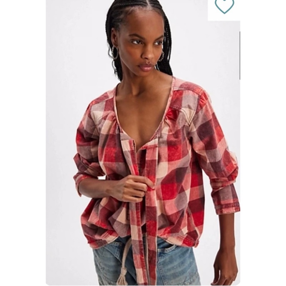 We The Free By Free People Big Bow Plaid Pullover Top Oversized Red Combo Size S